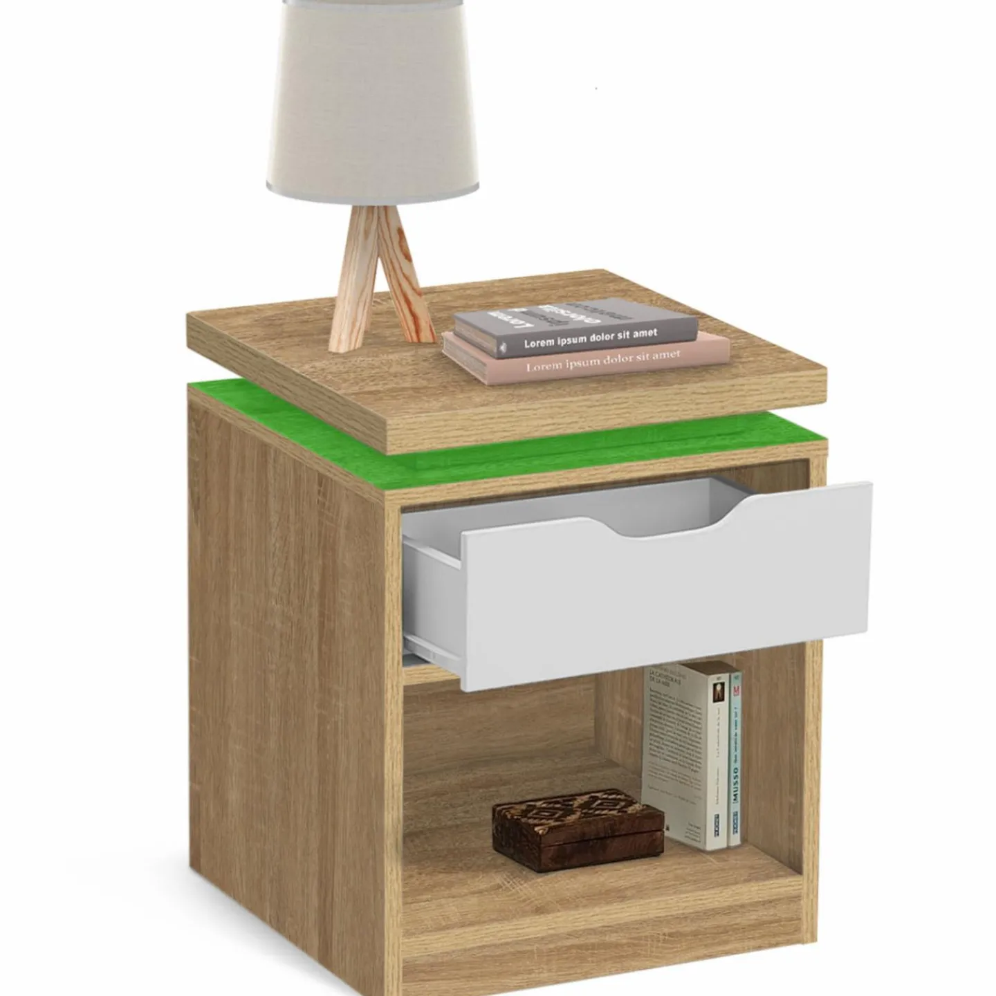2 tables de chevet à LEDS tiroir et niche bois façon hêtre et blanc*IDMarket