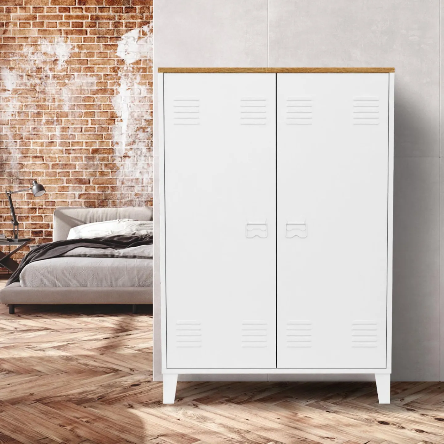 Armoire basse industrielle 2 portes métal noir et plateau bois*IDMarket Best