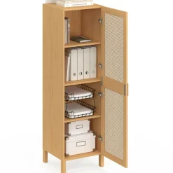 Armoire de rangement 1 porte 3 étagères bois et cannage*IDMarket Clearance