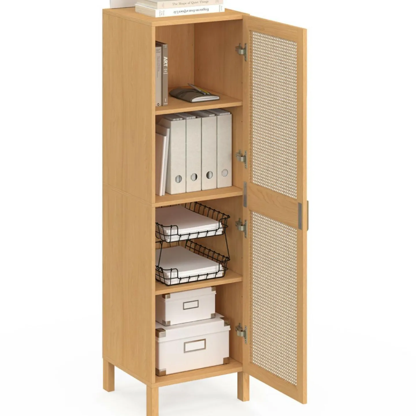 Armoire de rangement 1 porte 3 étagères bois et cannage*IDMarket Clearance