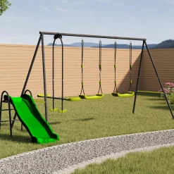 Balançoire 3 agrès portique avec 2 balançoires, 1 face à face et toboggan*IDMarket Discount