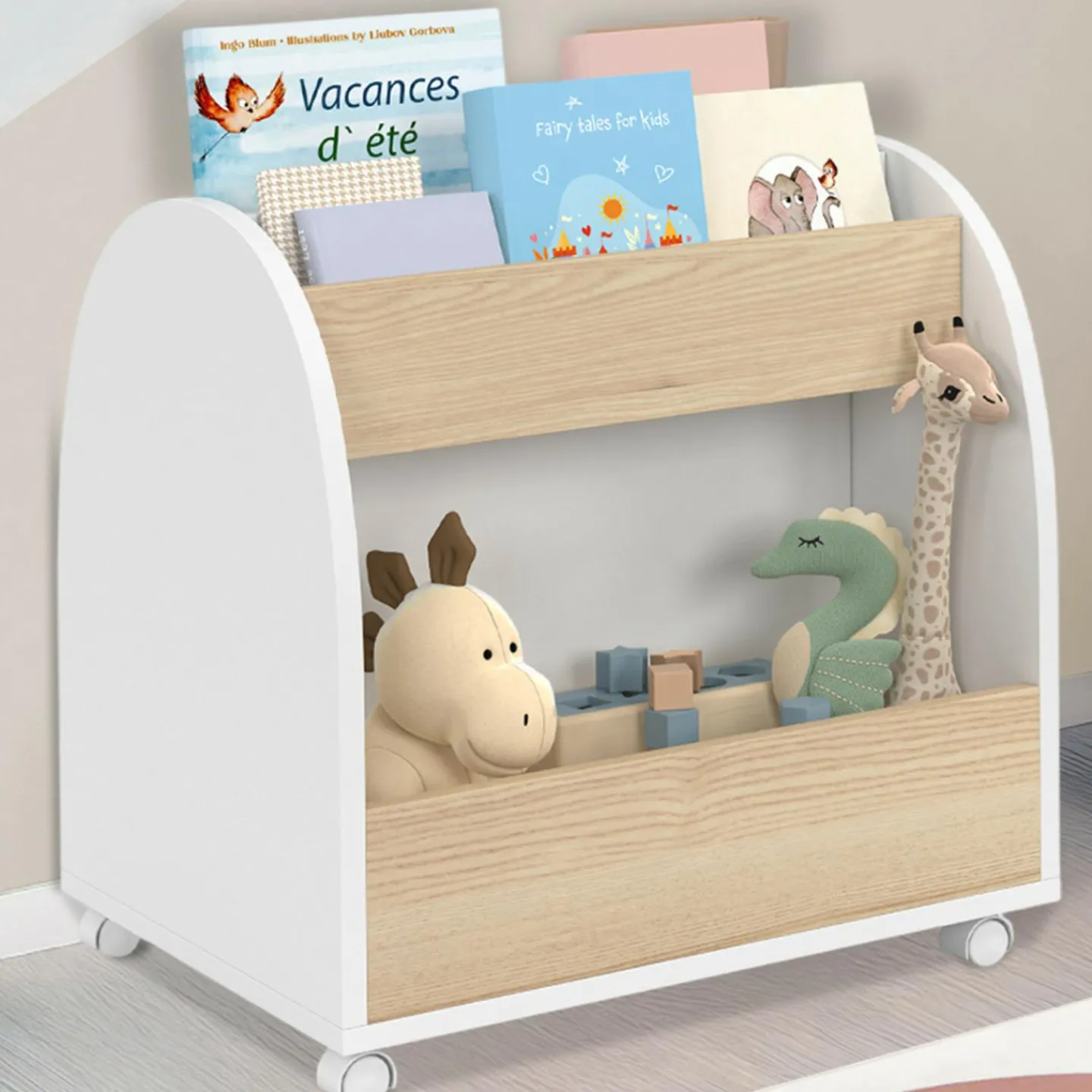 Bibliothèque enfant sur roulettes hêtre et blanc*IDMarket Online