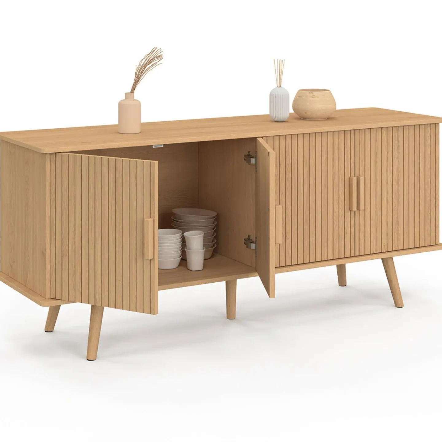 Buffet 140 cm 4 portes lattes tasseau bois coloris chêne design tendance*IDMarket Clearance