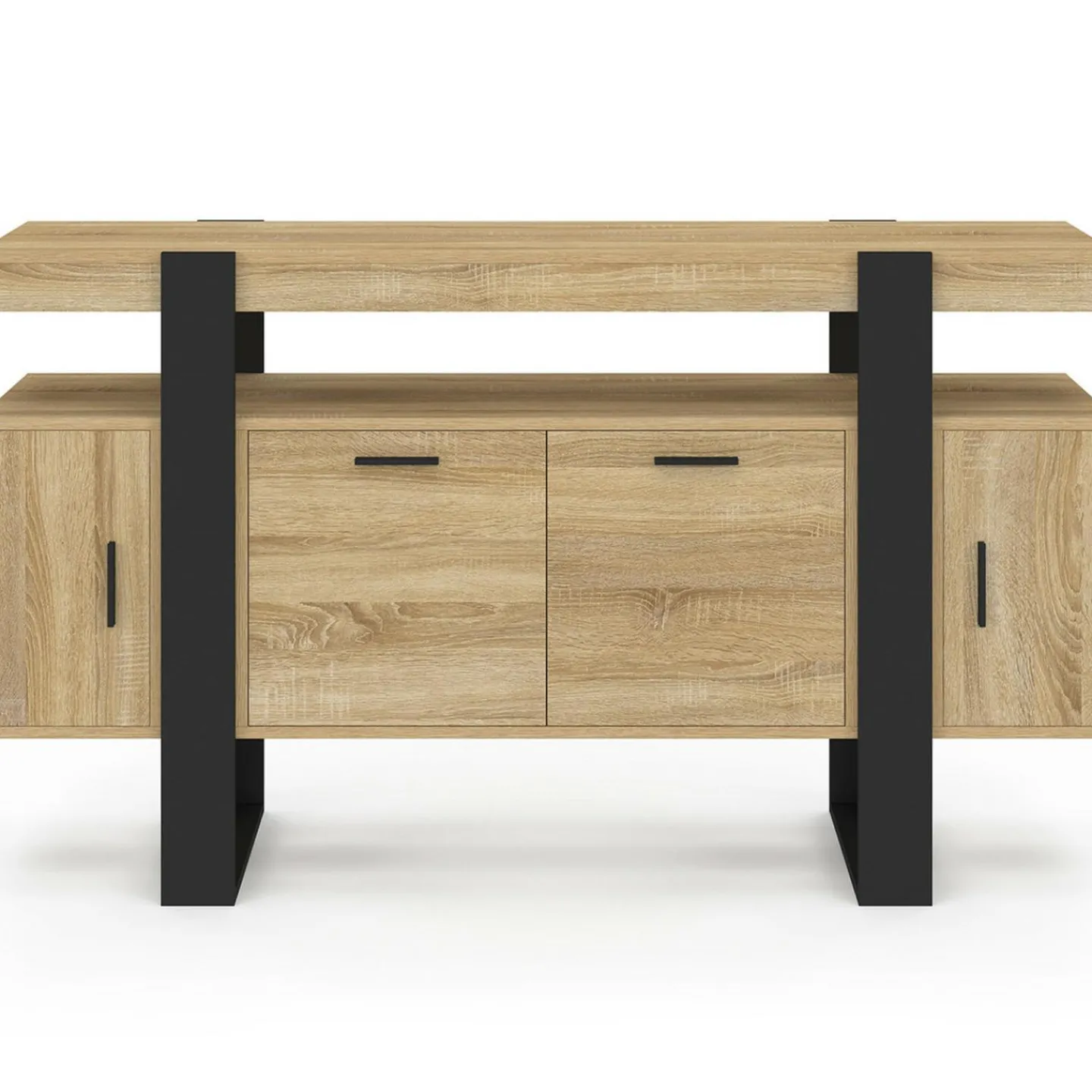 Buffet bas 140 cm bois imitation hêtre et noir 4 portes*IDMarket Hot