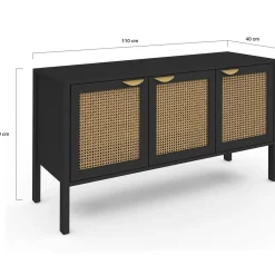 Buffet bas 3 portes bois noir et cannage 110 cm*IDMarket Best