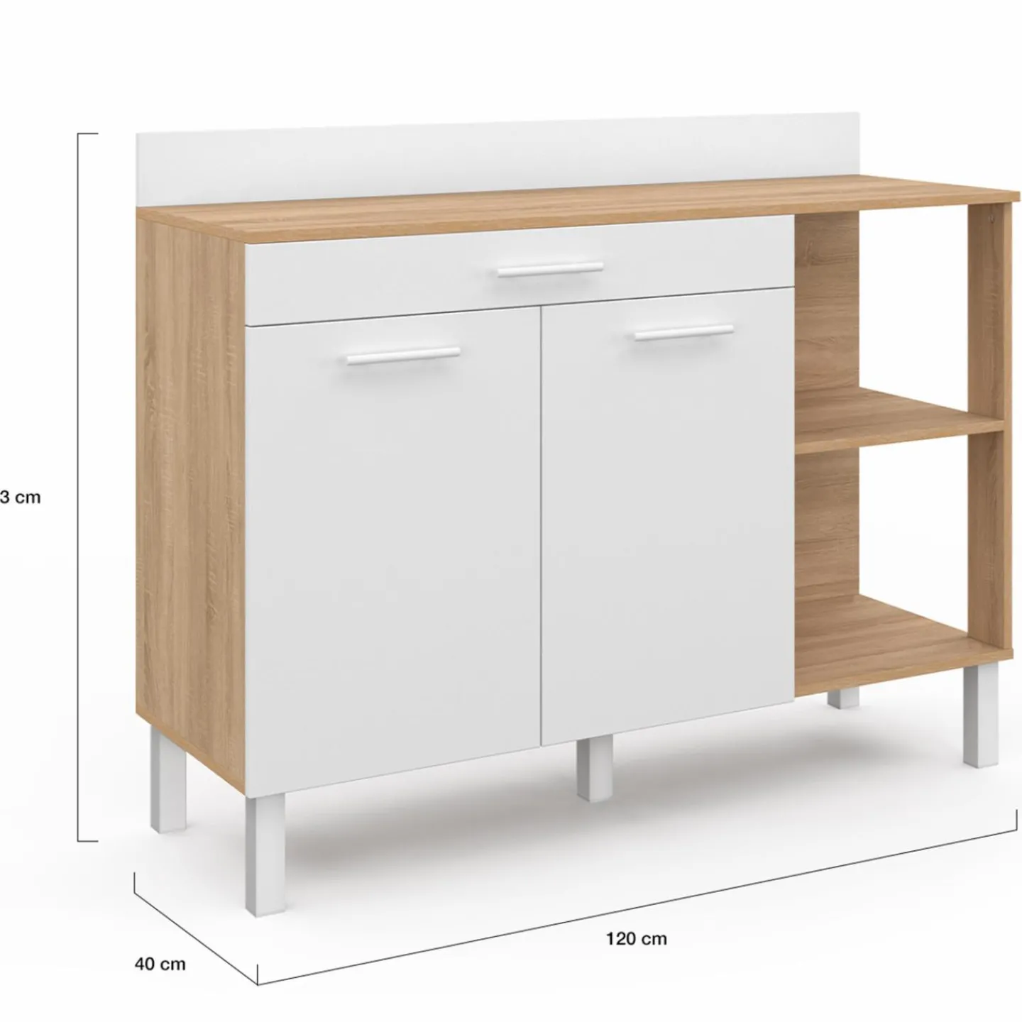 Buffet bas de cuisine bois façon hêtre 120 cm 2 portes + tiroir blanc*IDMarket