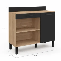 Buffet bas de cuisine en bois façon hêtre 100 cm porte + tiroir noir*IDMarket Outlet