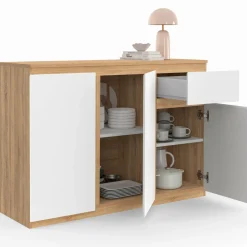 Buffet blanc et bois 100 cm 3 portes et 1 tiroir*IDMarket Best