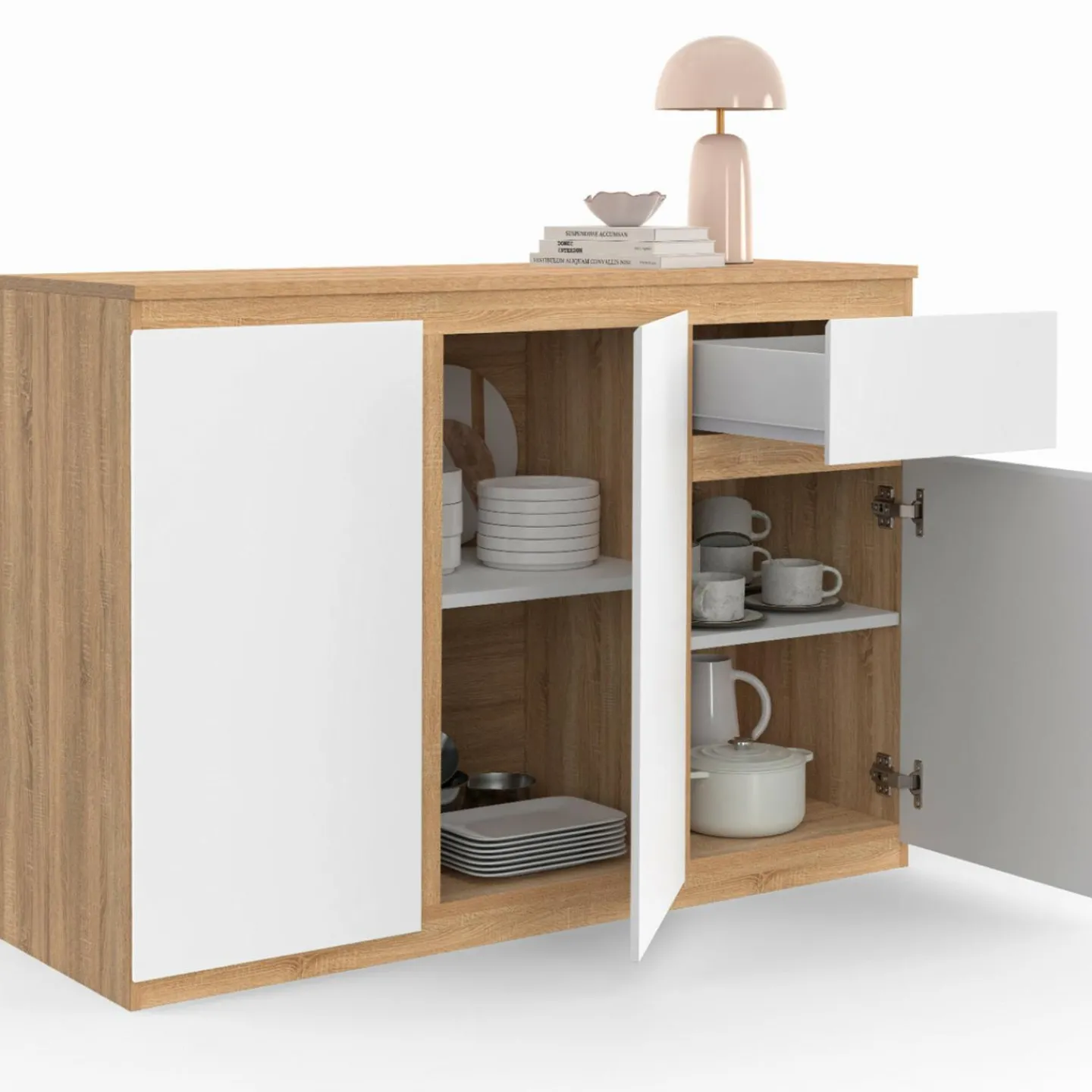 Buffet blanc et bois 100 cm 3 portes et 1 tiroir*IDMarket Best
