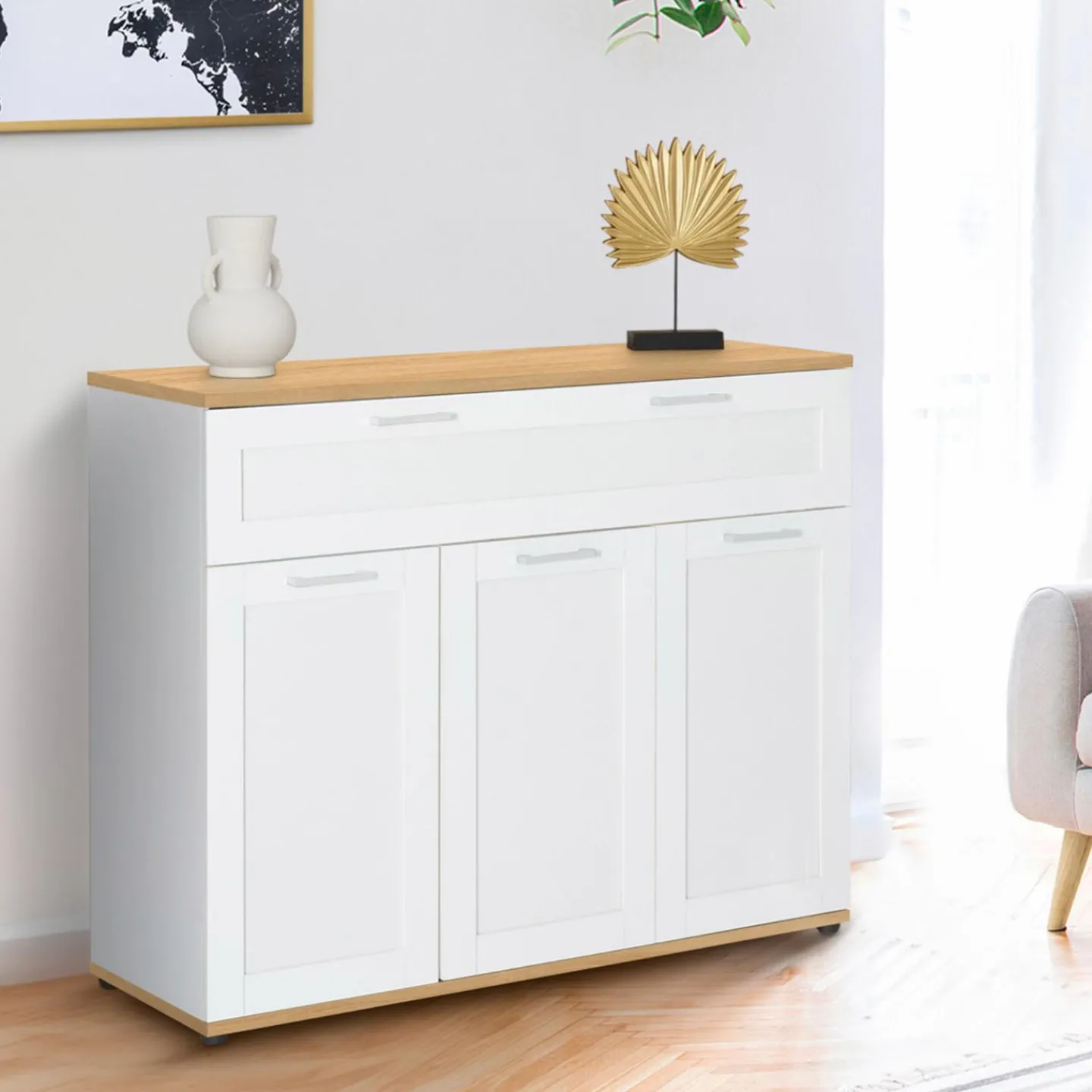 Buffet blanc et bois 3 portes et 1 tiroir*IDMarket Clearance