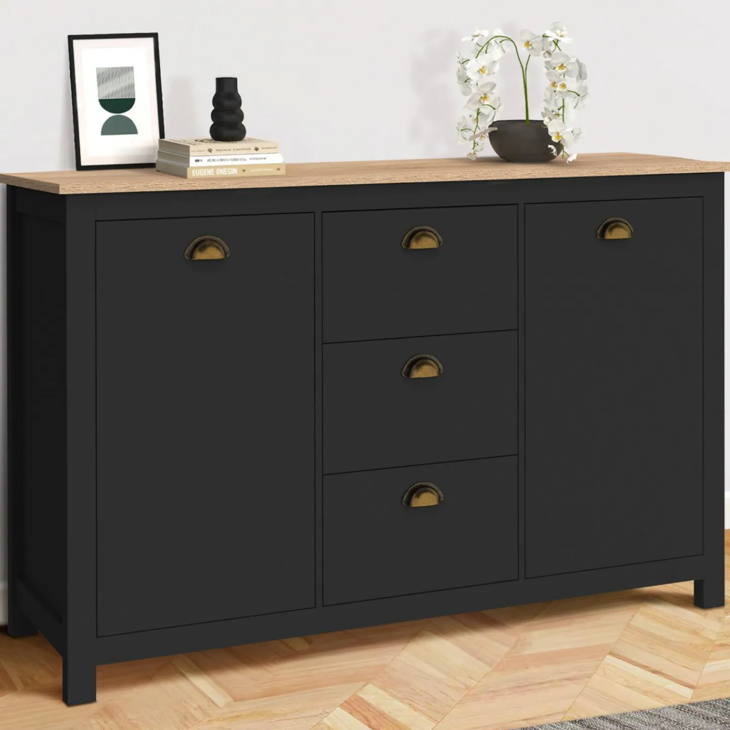 Buffet campagne 130 CM 2 portes 3 tirroirs bois et noir*IDMarket Sale