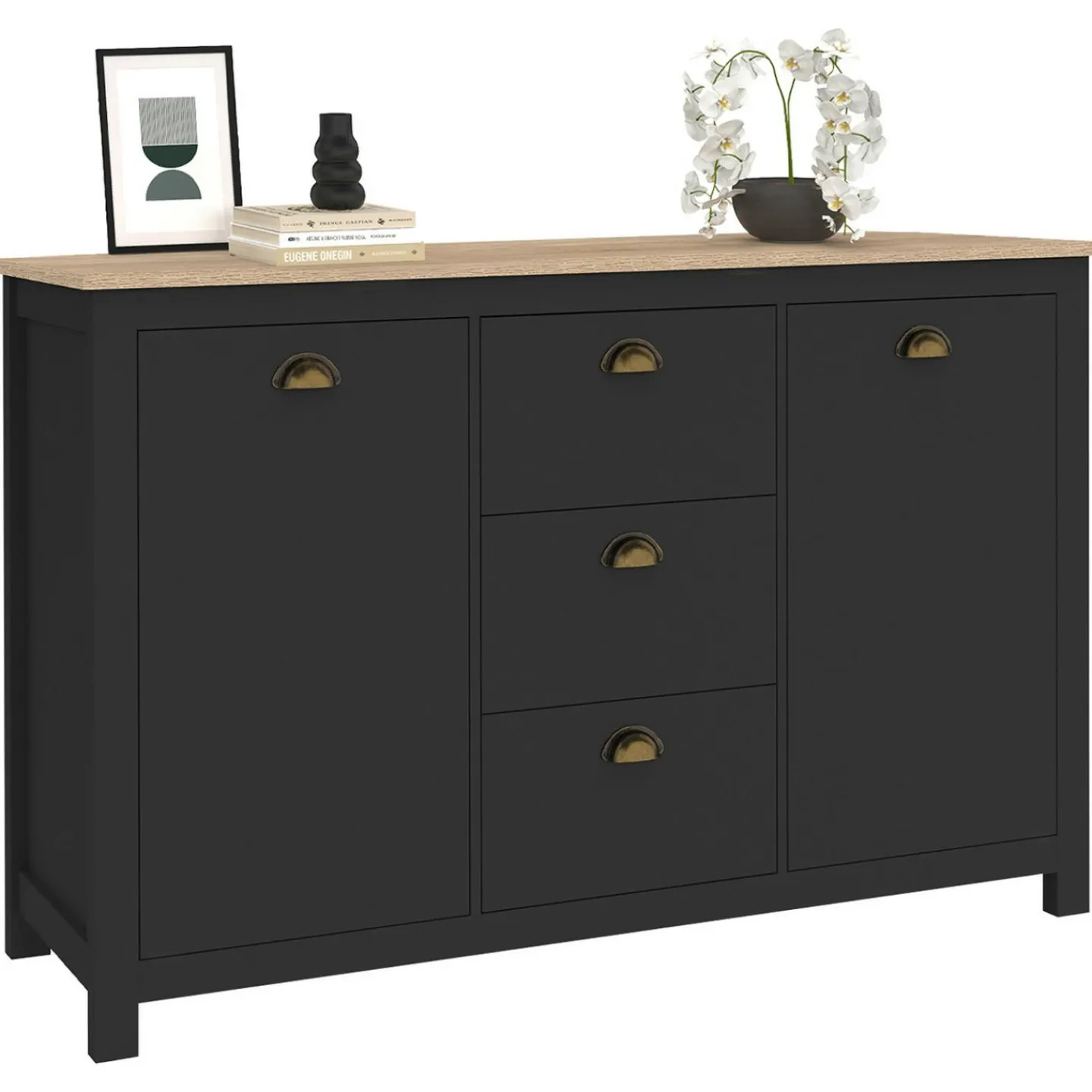 Buffet campagne 130 CM 2 portes 3 tirroirs bois et noir*IDMarket Sale