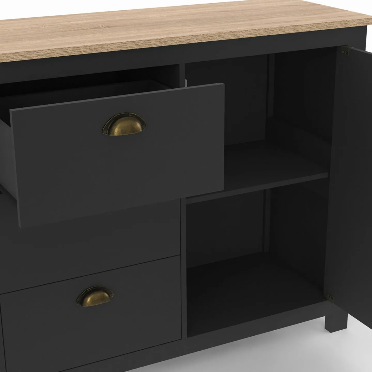 Buffet campagne 130 CM 2 portes 3 tirroirs bois et noir*IDMarket Sale