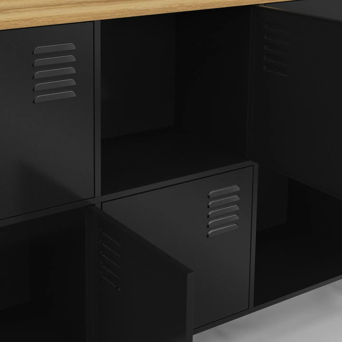 Buffet casier 180cm design industriel 10 portes en métal noir et plateau bois*IDMarket