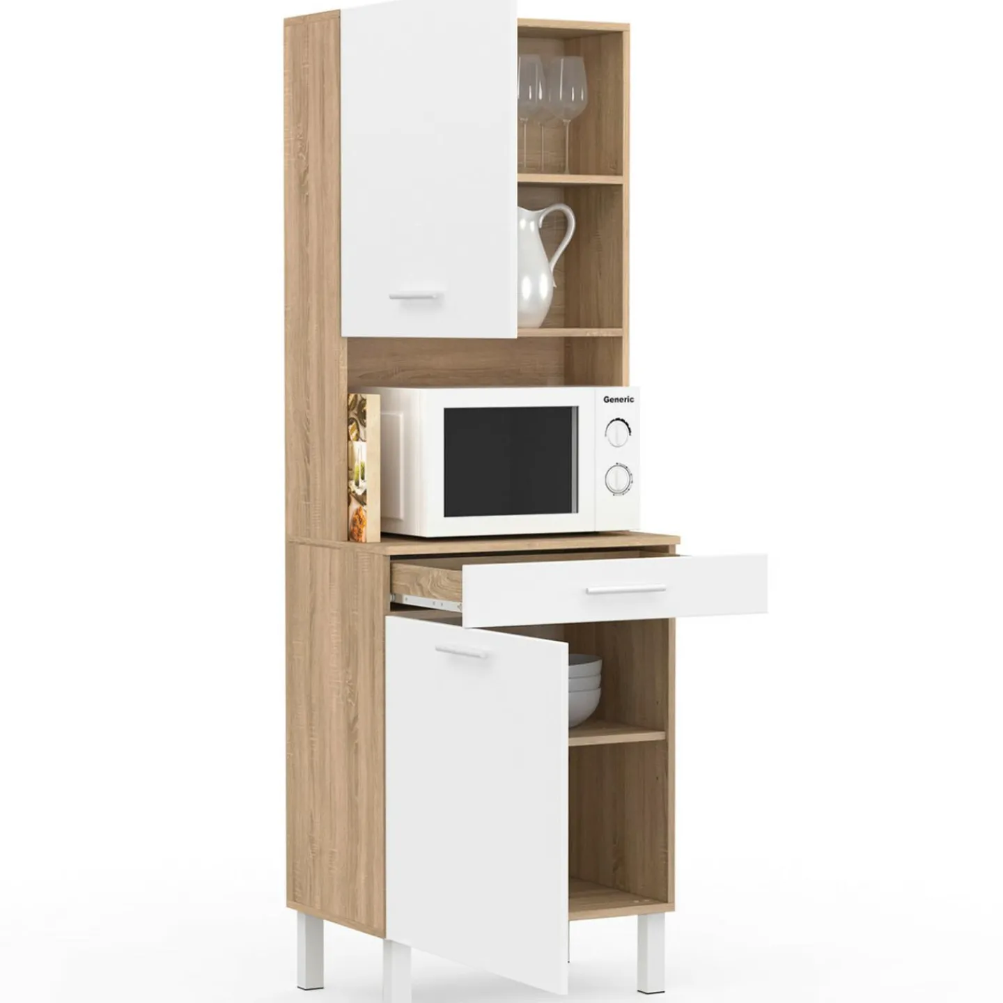 Buffet de cuisine vaisselier blanc et bois façon hêtre 60 cm*IDMarket New
