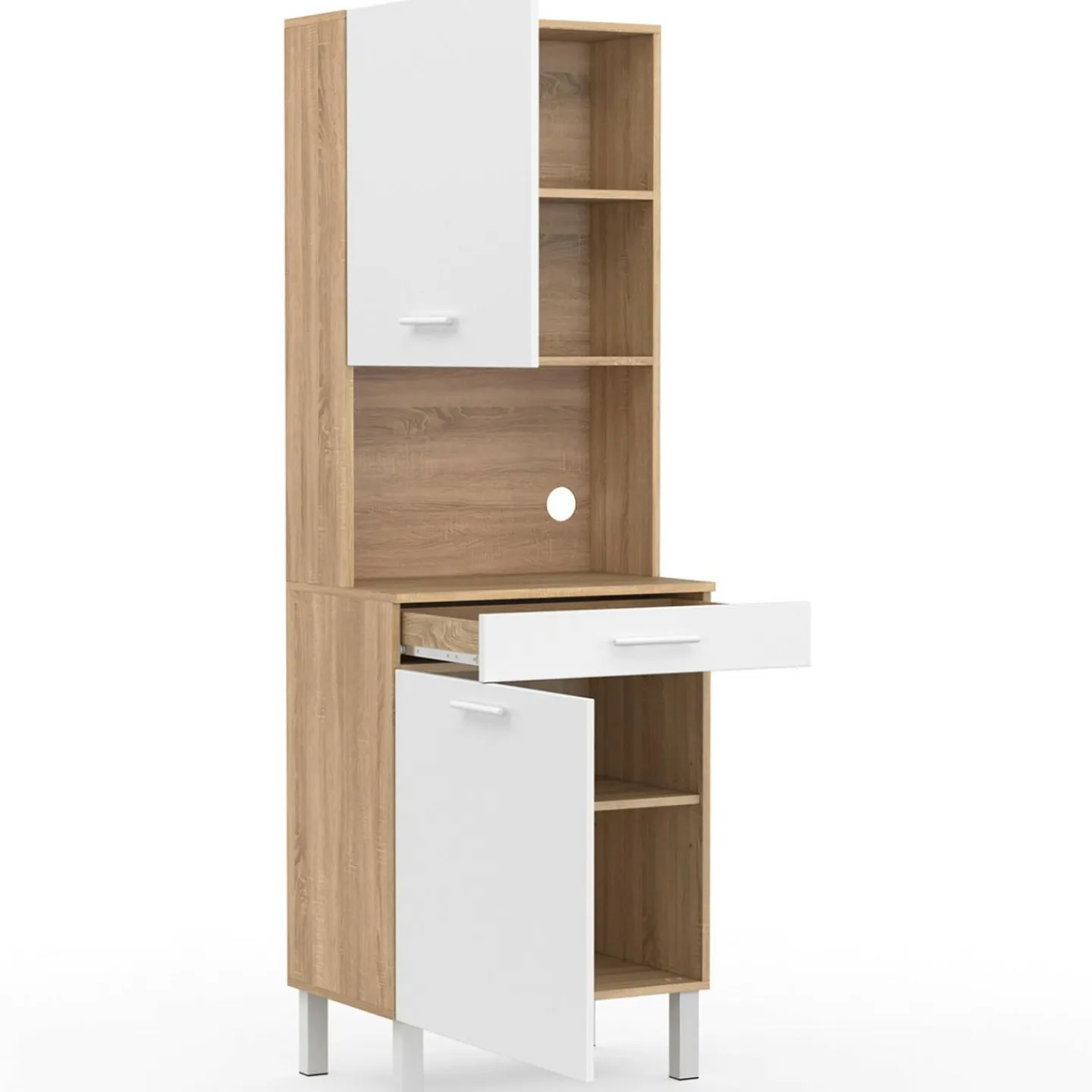 Buffet de cuisine vaisselier blanc et bois façon hêtre 60 cm*IDMarket New