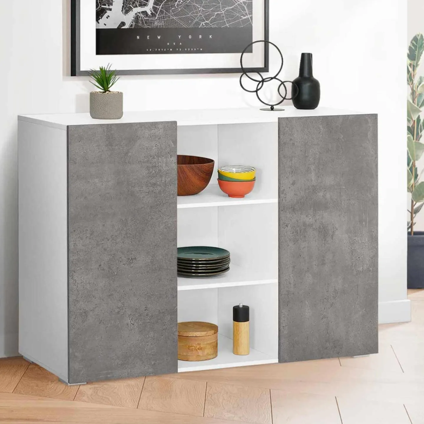 Buffet effet béton et blanc 2 portes*IDMarket Sale