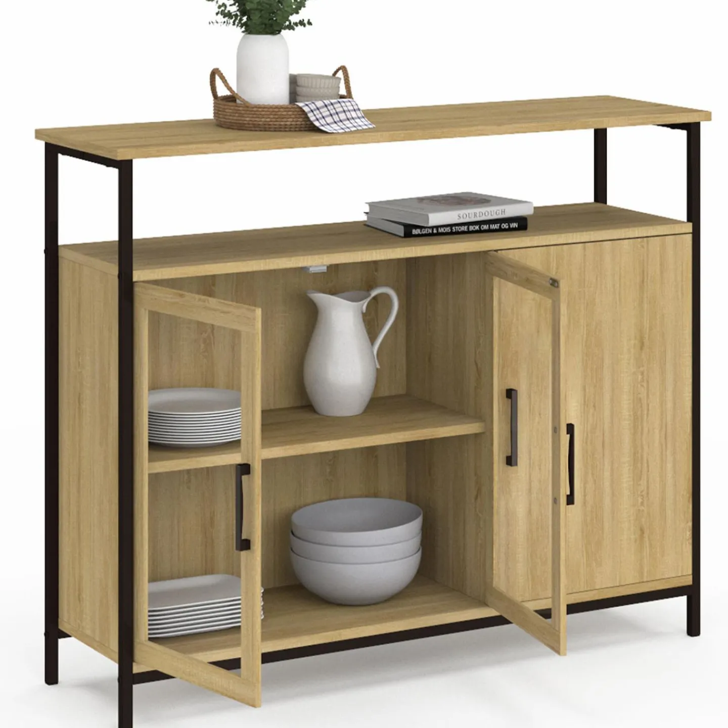 Buffet industriel avec 2 portes vitrées et placards 100 cm*IDMarket Outlet