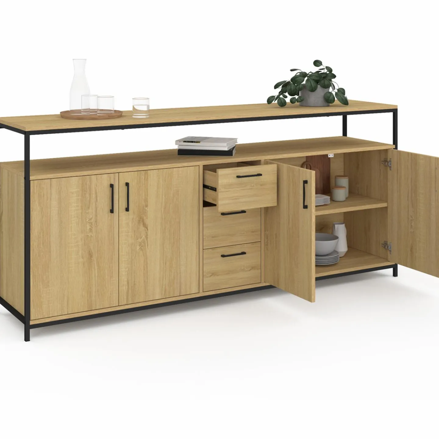 Buffet XXL bois et noir style industriel 180 cm 4 portes et tiroirs*IDMarket Sale