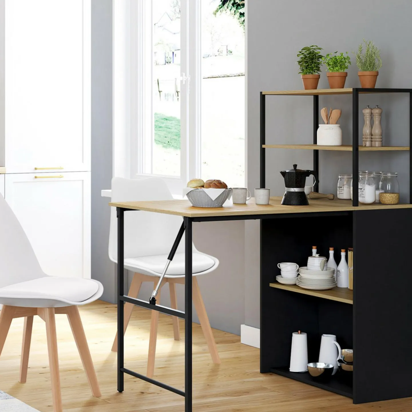 Bureau bibliothèque pliable plateau rabattable bois façon hêtre et noir*IDMarket New