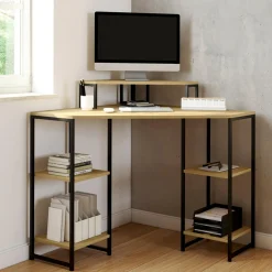 Bureau d'angle industriel avec rangements bois et métal noir*IDMarket Sale