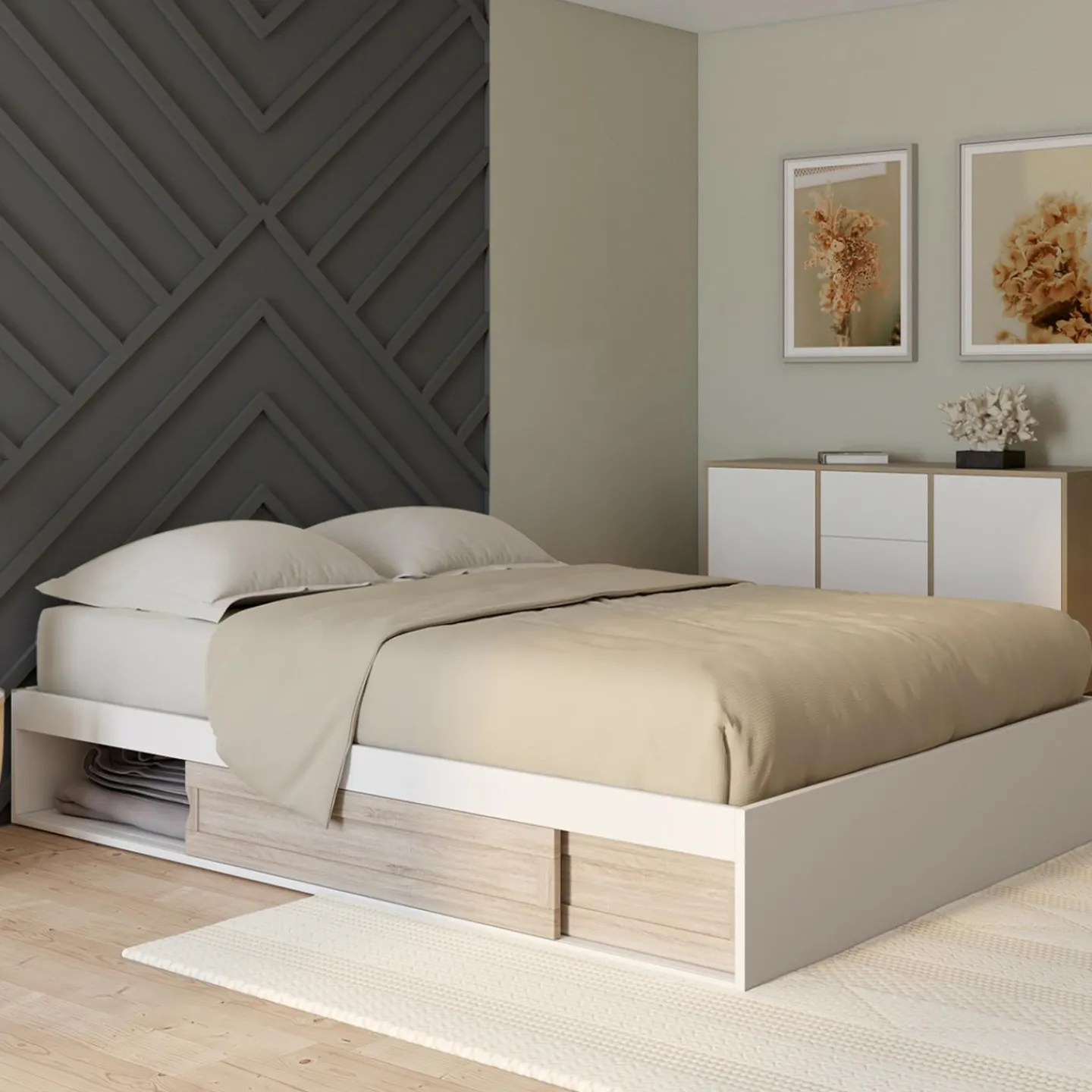 Cadre de lit 140x190 cm avec sommier et rangements blanc et bois façon hêtre*IDMarket Best