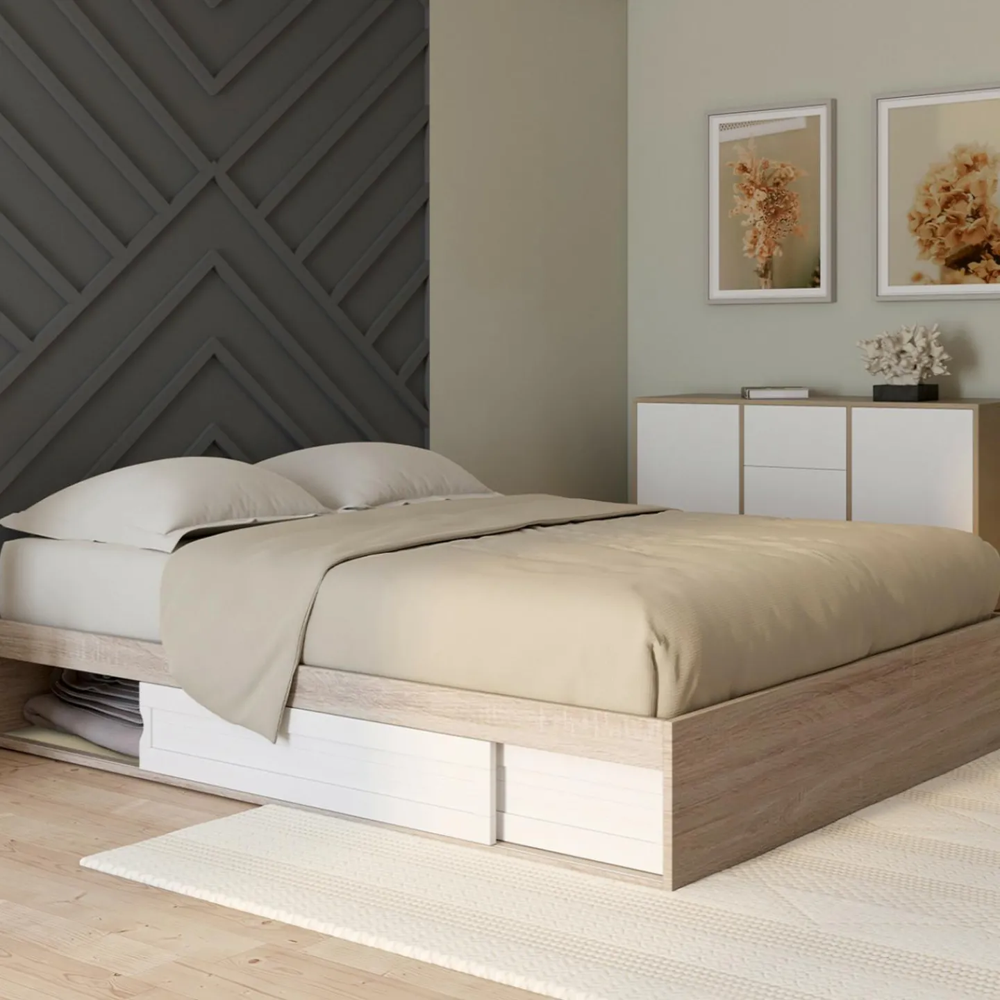 Cadre de lit 140x190 cm avec sommier et rangements blanc et bois*IDMarket Discount