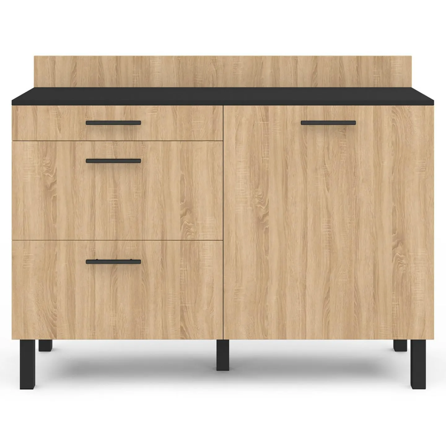 Casserolier bois noir et façon hêtre 120 cm plan de travail H.83 cm 1 porte + 3 tiroirs*IDMarket Outlet