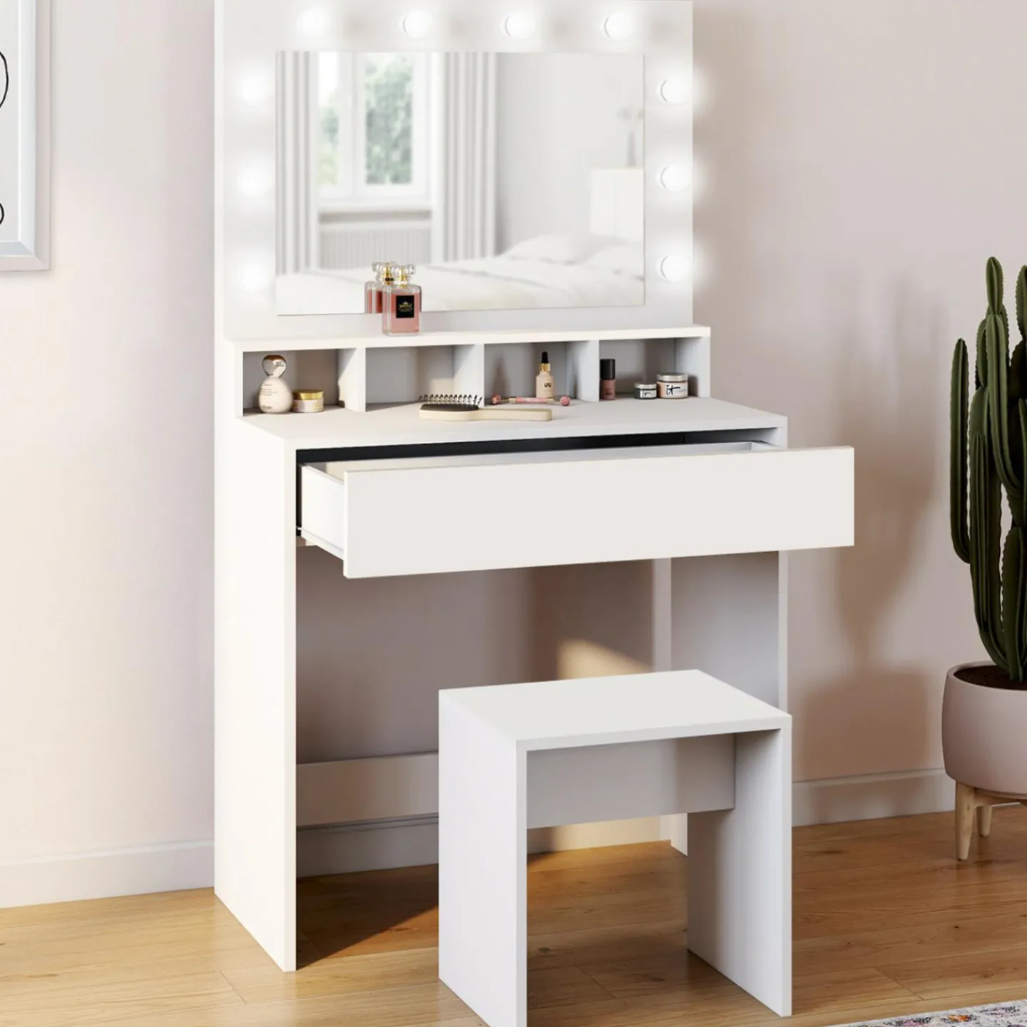 Coiffeuse avec miroir LED et tabouret, 4 niches, 1 tiroir*IDMarket Hot