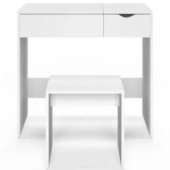 Coiffeuse miroir rabattable blanche 2 tiroirs et tabouret*IDMarket New