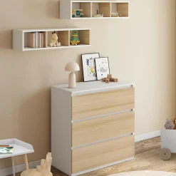 Commode à langer évolutive façon hêtre et blanc 3 tiroirs et 2 étagères*IDMarket New