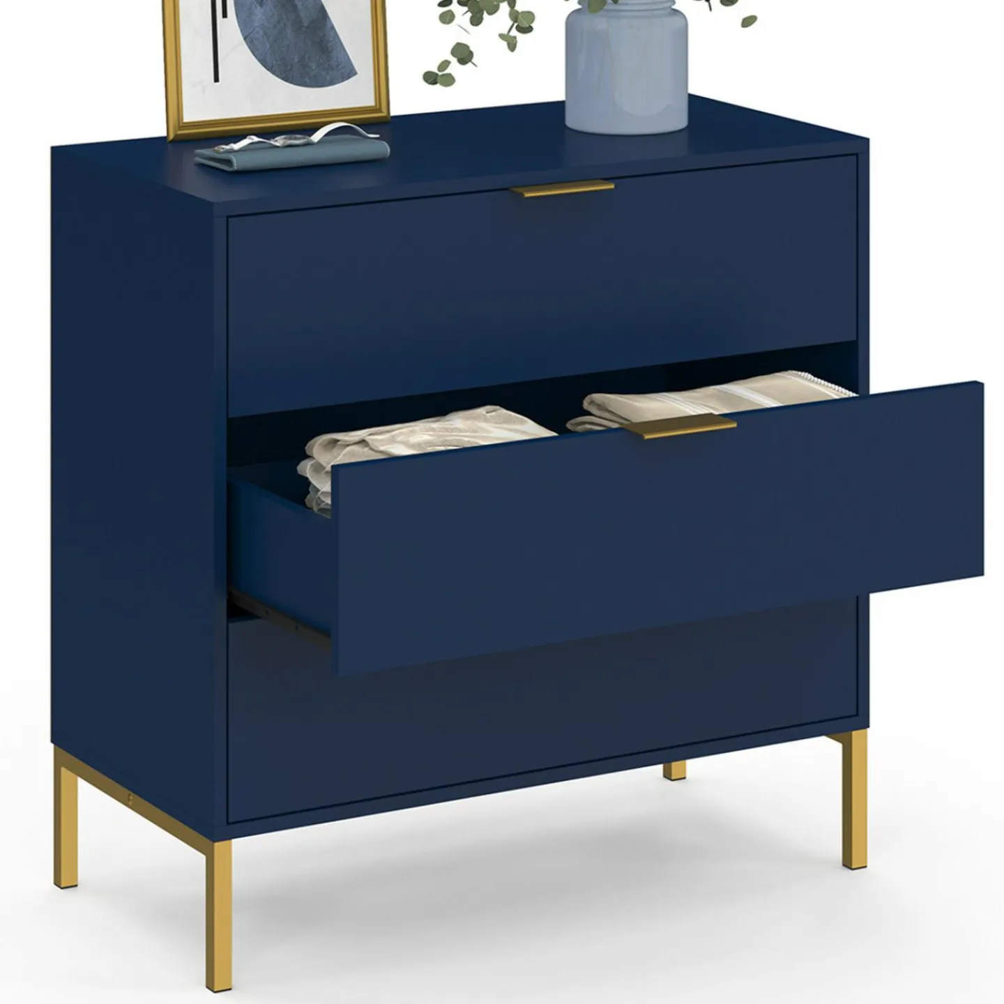 Commode 3 tiroirs 80 cm bleu nuit et finitions dorées*IDMarket Best
