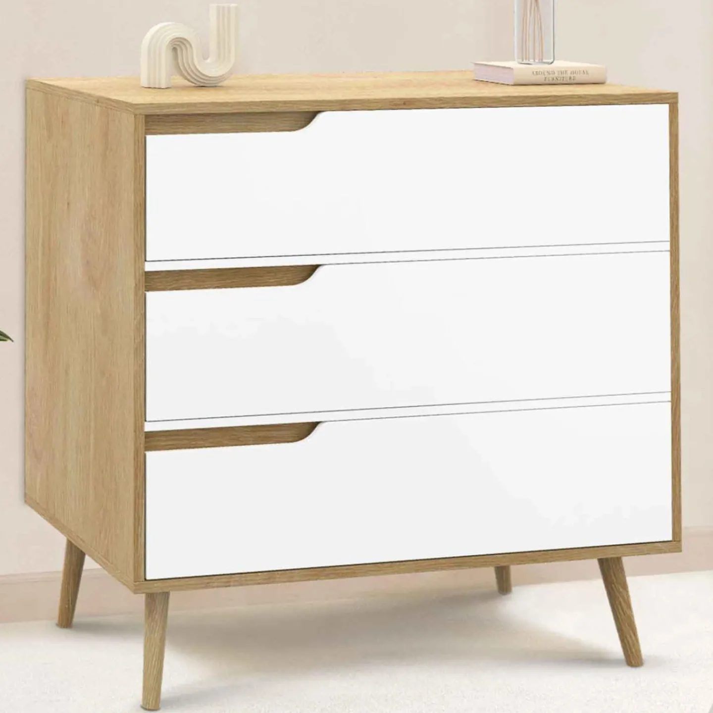 Commode 3 tiroirs blanche et bois style scandinave*IDMarket Discount