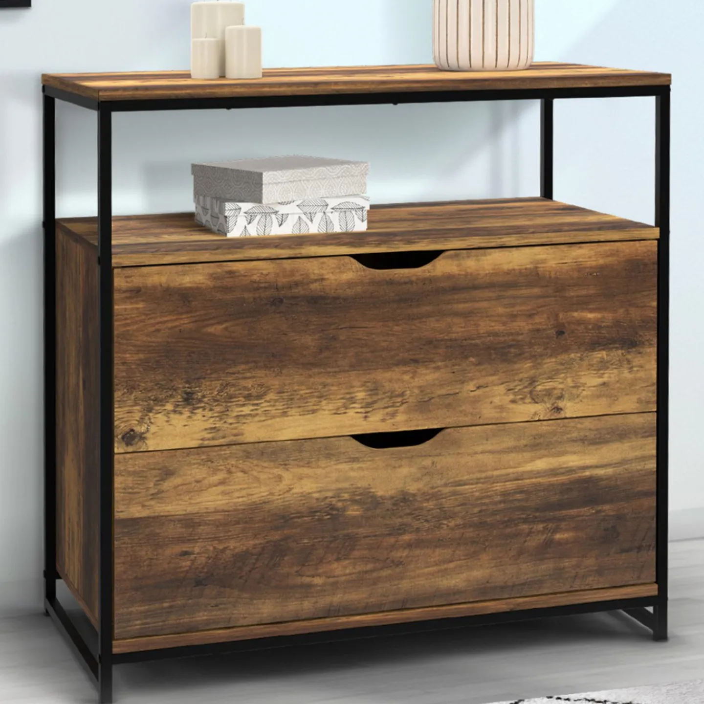 Commode design industriel 2 tiroirs avec étagère*IDMarket New