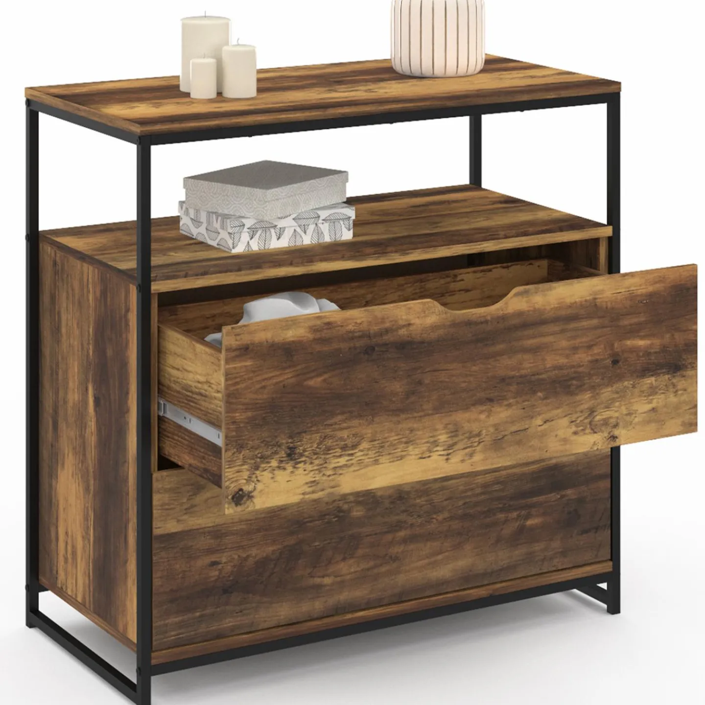 Commode design industriel 2 tiroirs avec étagère*IDMarket New