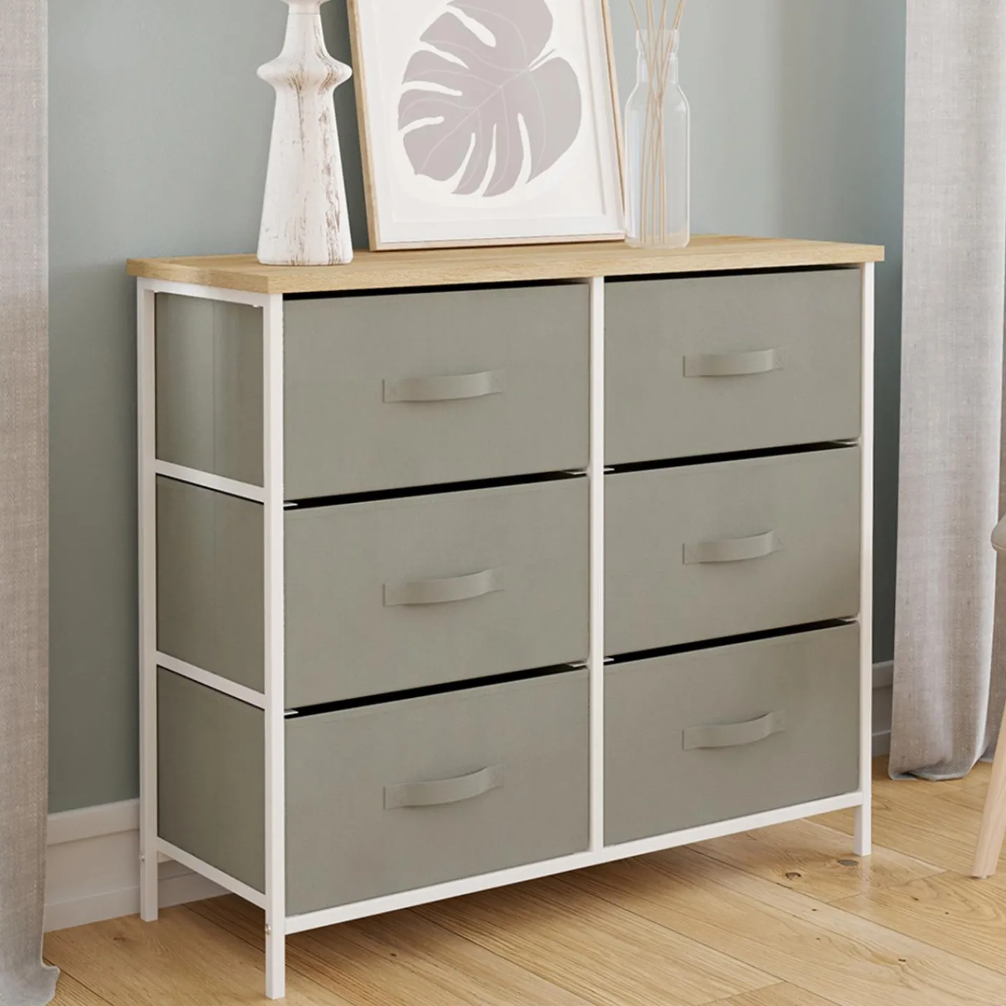 Commode industrielle gris clair et plateau effet bois*IDMarket Clearance