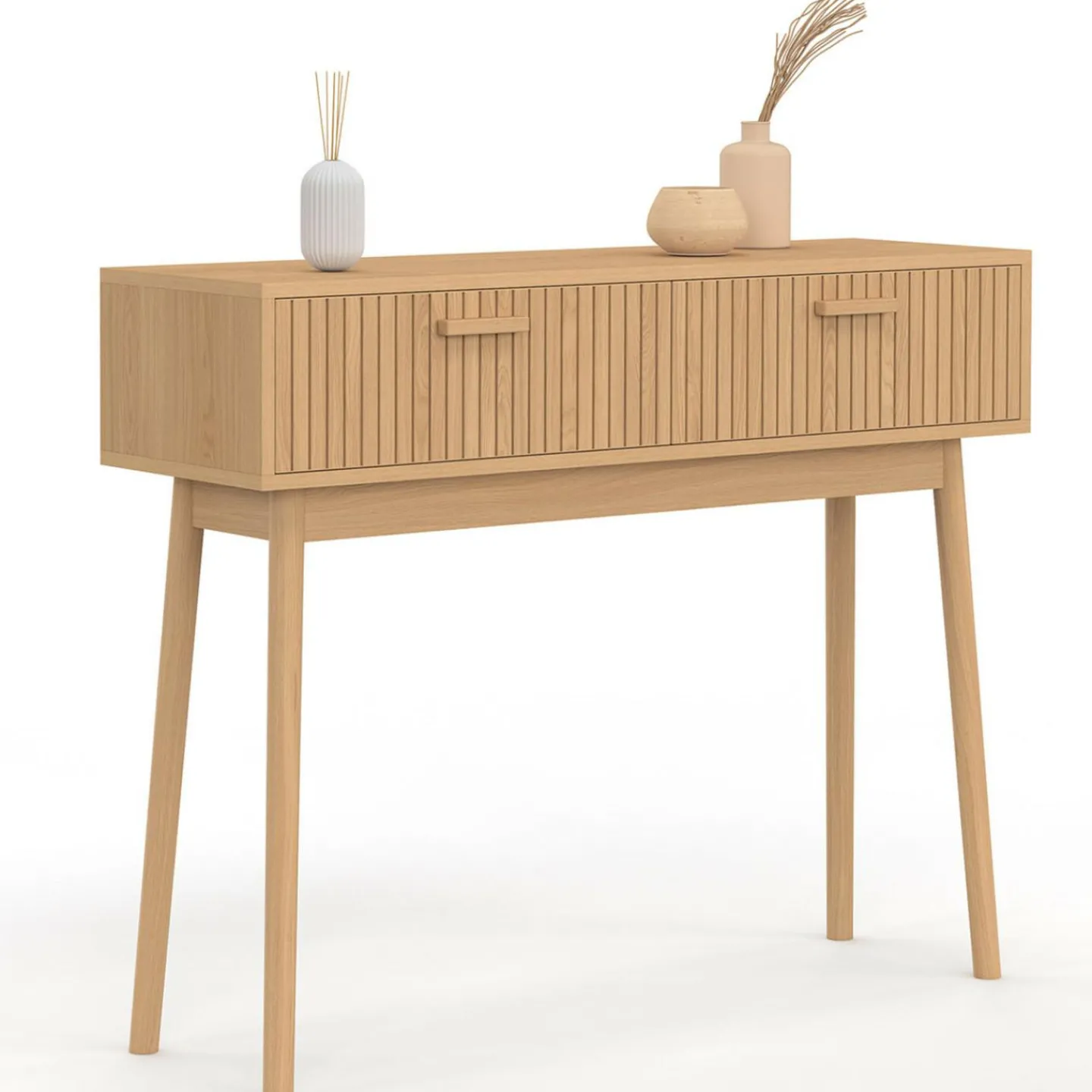 Console 2 tiroirs JULIETTE lattes tasseau bois coloris chêne*IDMarket Sale