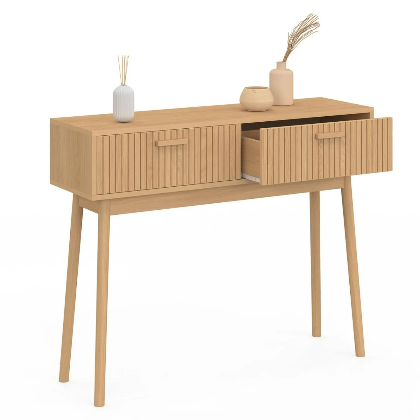 Console 2 tiroirs JULIETTE lattes tasseau bois coloris chêne*IDMarket Sale