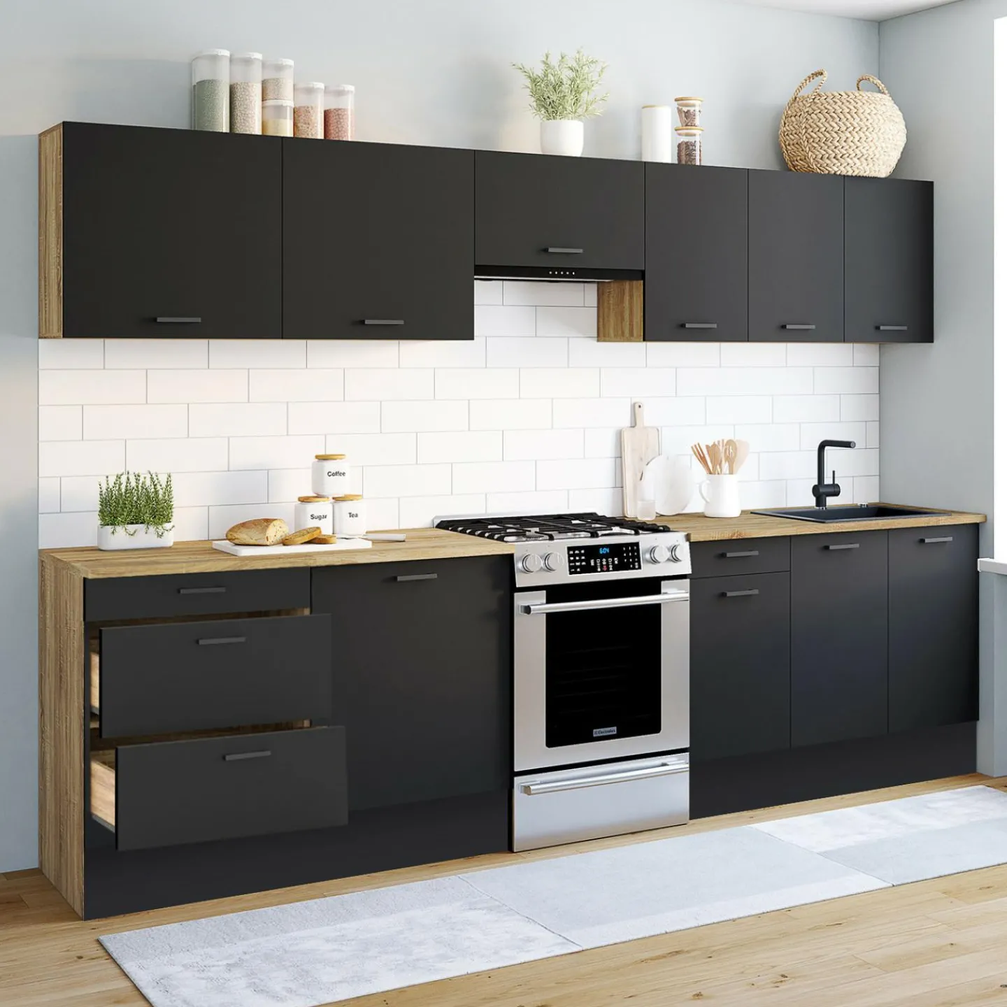Cuisine complète bois et noir avec casserolier et plan de travail 9 éléments*IDMarket Best