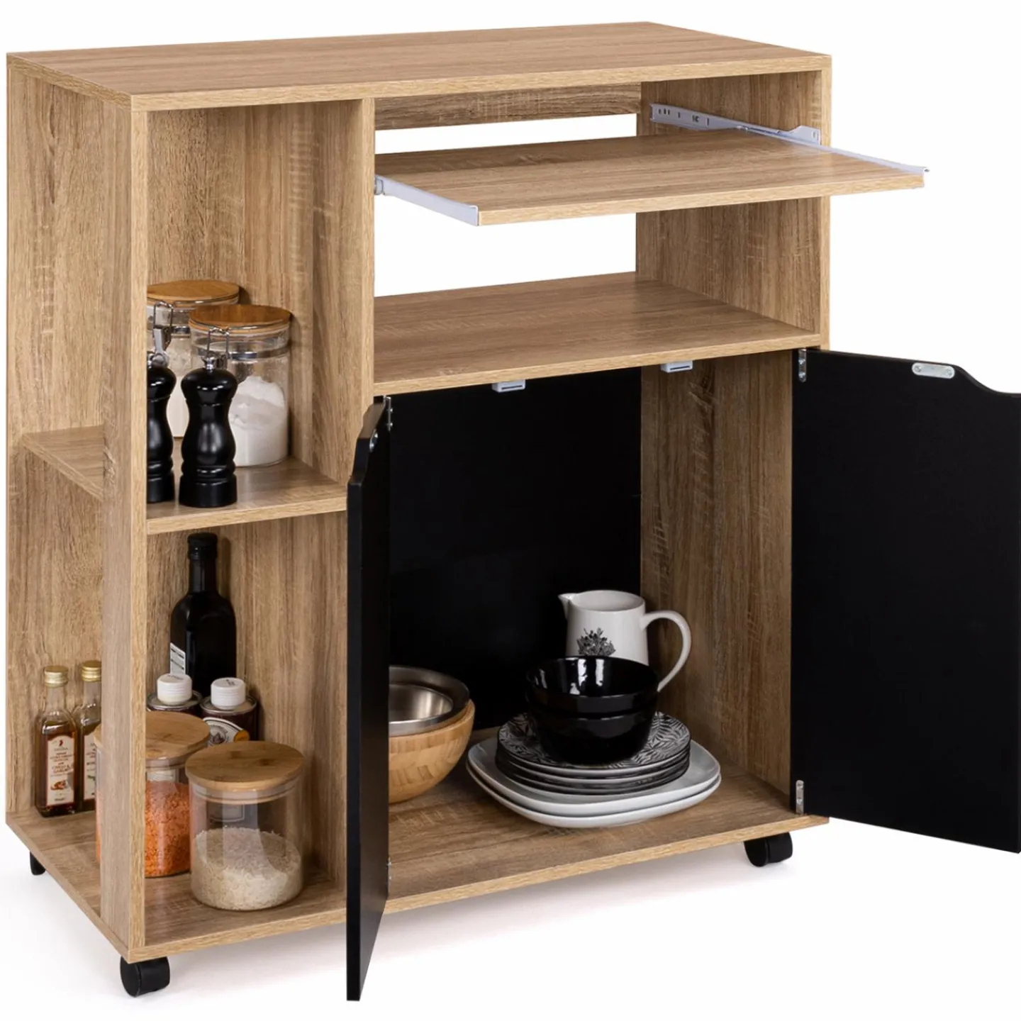 Desserte à roulettes bois façon hêtre et portes noires 76 cm*IDMarket Clearance