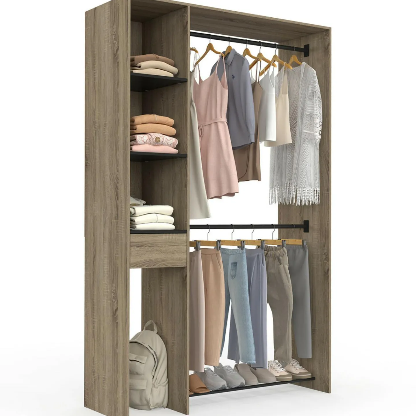 Dressing double penderie L. 110 cm avec étagères + tiroir + rangements à chaussures hêtre et noir*IDMarket