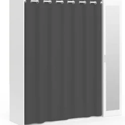 Dressing extensible 145/170 x 50 x 180 cm blanc avec étagères + double penderie + miroir + rideau gris*IDMarket Outlet