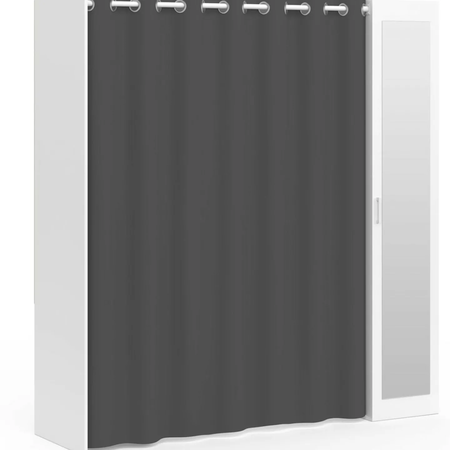 Dressing extensible 145/170 x 50 x 180 cm blanc avec étagères + double penderie + miroir + rideau gris*IDMarket Outlet