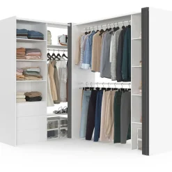 Dressing extensible d'angle 200 x 150 x 180 cm blanc avec penderies + tiroirs + étagères + rideaux gris*IDMarket New