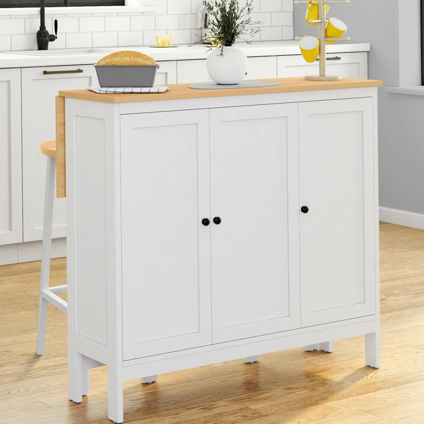 Ensemble table de bar ilot et 2 tabourets bois blanc plateau façon hêtre*IDMarket New