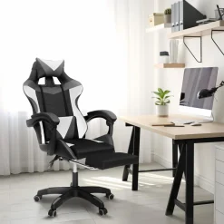 Fauteuil gamer réglable, inclinable avec repose-pied et coussins noir, blanc et gris*IDMarket Best