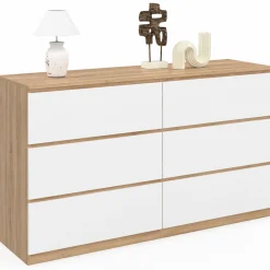 Grande commode 6 tiroirs façon hêtre et blanc*IDMarket Online