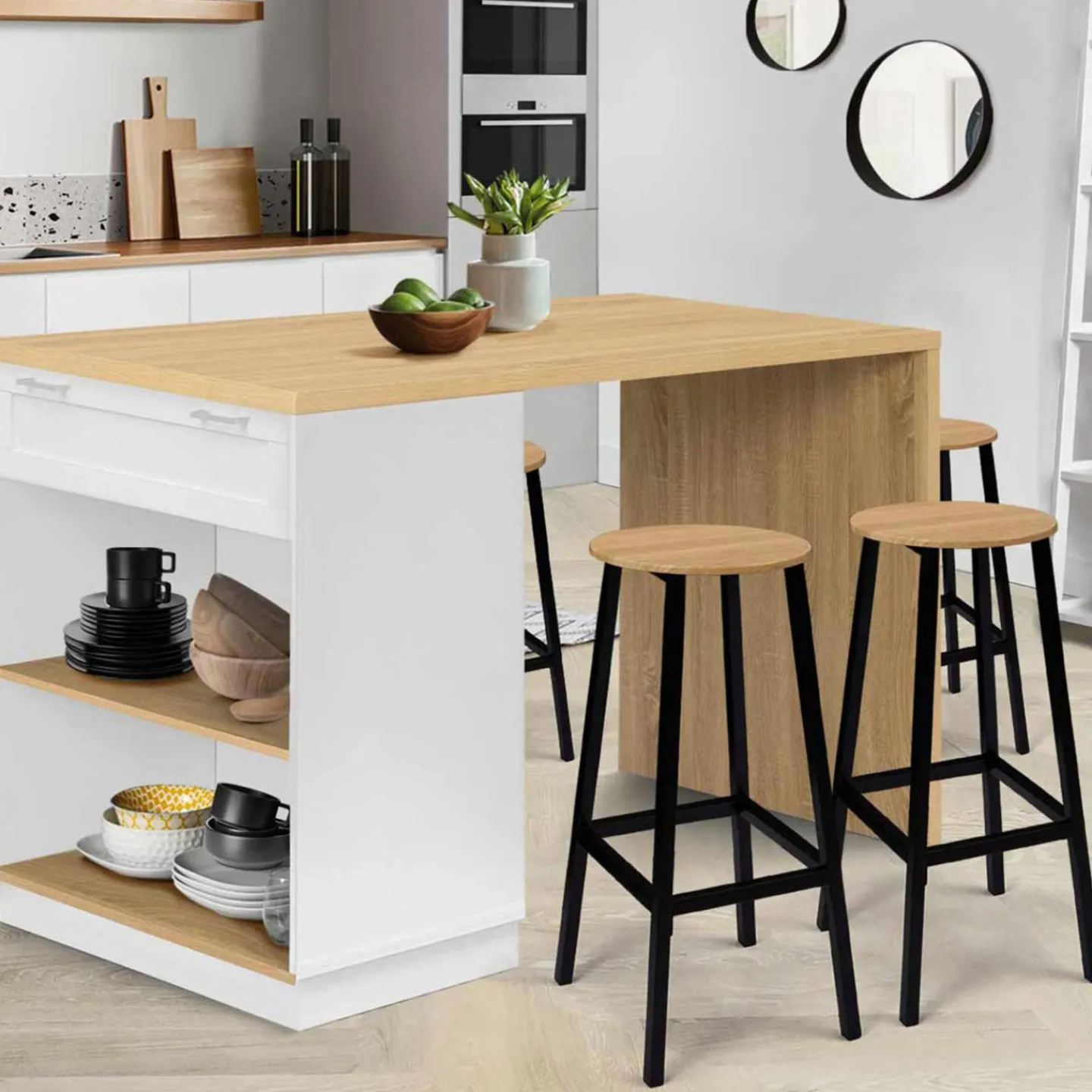 Ilot central blanc et bois 130 cm pour 4 personnes*IDMarket Discount