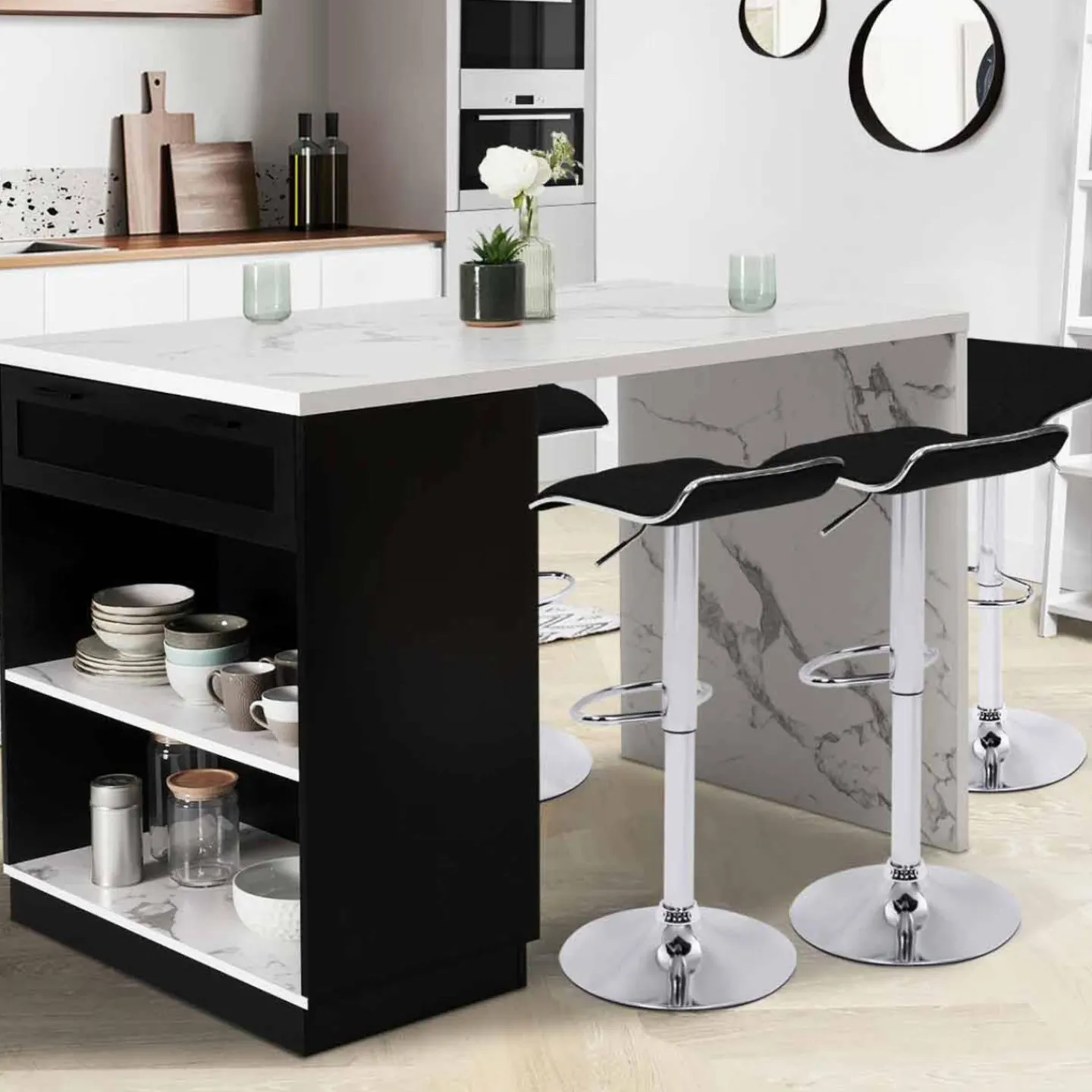 Ilot central effet marbre et noir 130 cm pour 4 personnes*IDMarket Discount