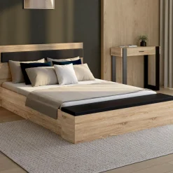 Lit 2 personnes sommier 140x190 cm avec tête de lit et banc coffre bois et noir*IDMarket